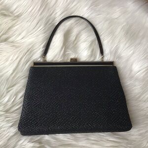 Vintage Andé evening bag/ clutch with gold trim and clasp, patent leather handle